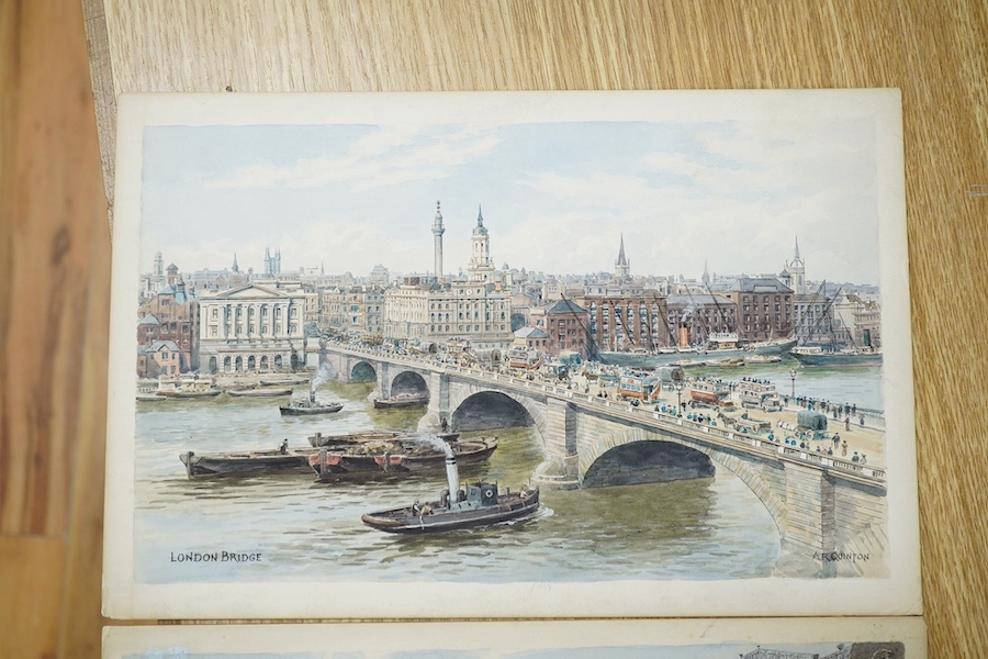 Alfred Robert Quinton (1853-1934), two watercolours on card, Piccadilly Circus and London Bridge, one signed, one signed with monogram, 20 x 31cm, unframed. Condition - fair to good